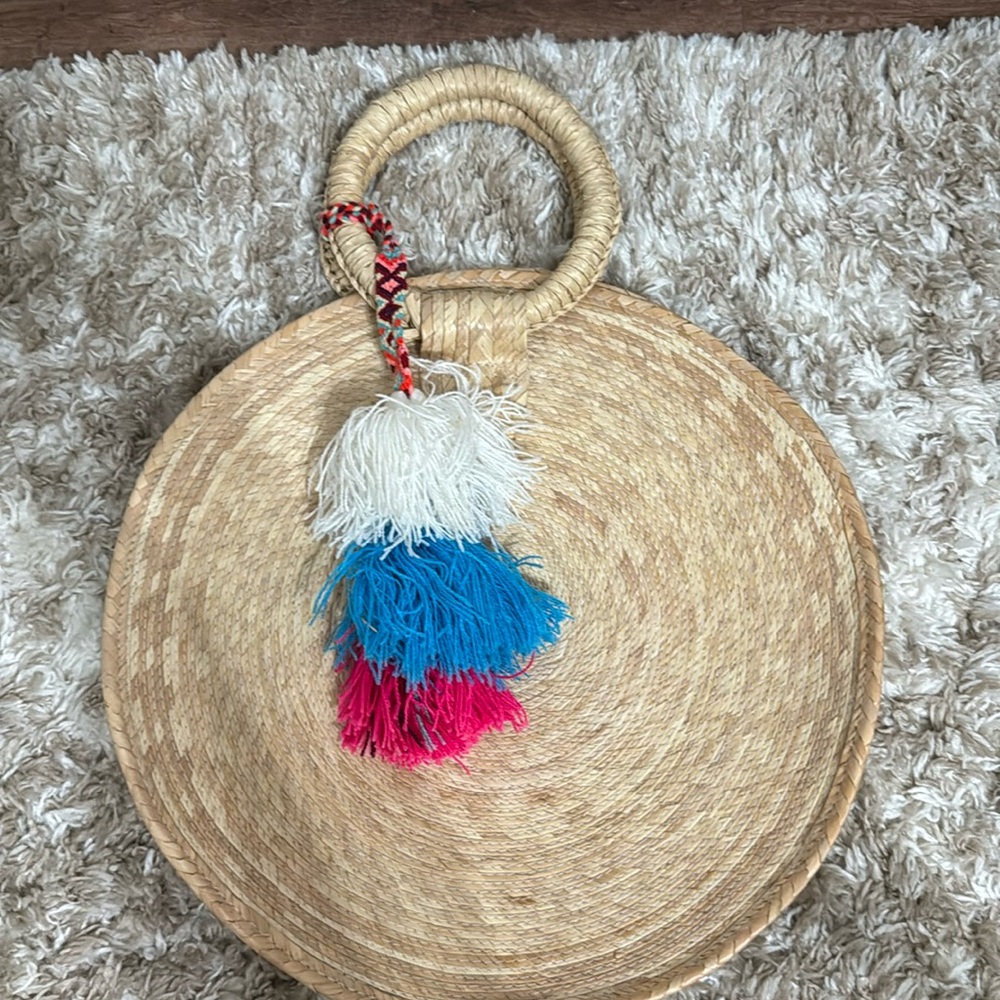 Large Round Tan Rattan Bag with removable tassel